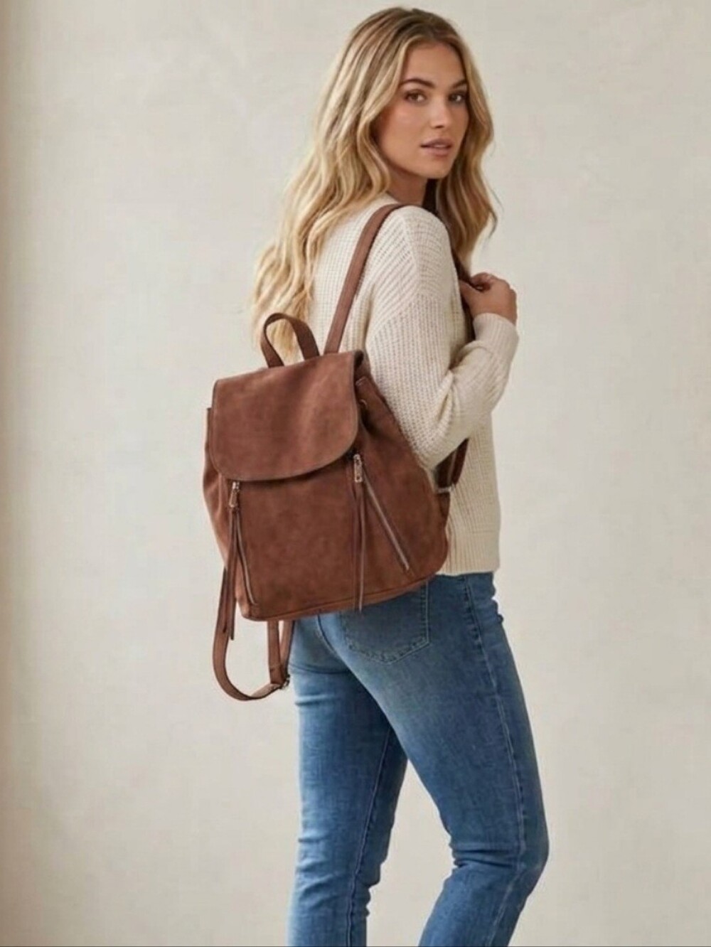 JustFab Brown Faux Leather Front Flap Cinch Magnetic Close Bucket Backpack NWOT